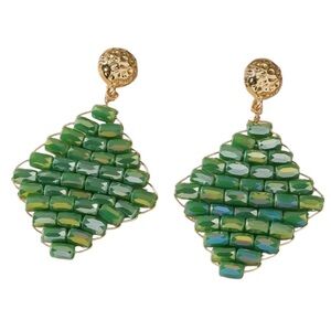 Green Bohemian Handcrafted Beaded Crystal Dangle Earrings